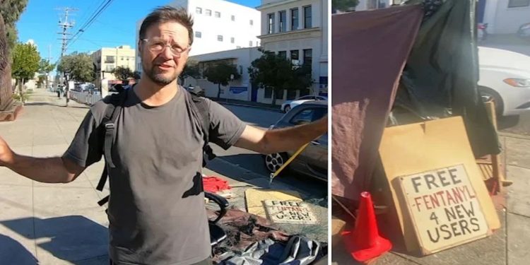 Homeless SF Convicted Child Molester Allowed to Camp Across From Grade School With Sign Saying ‘Free Fentanyl For New Users’